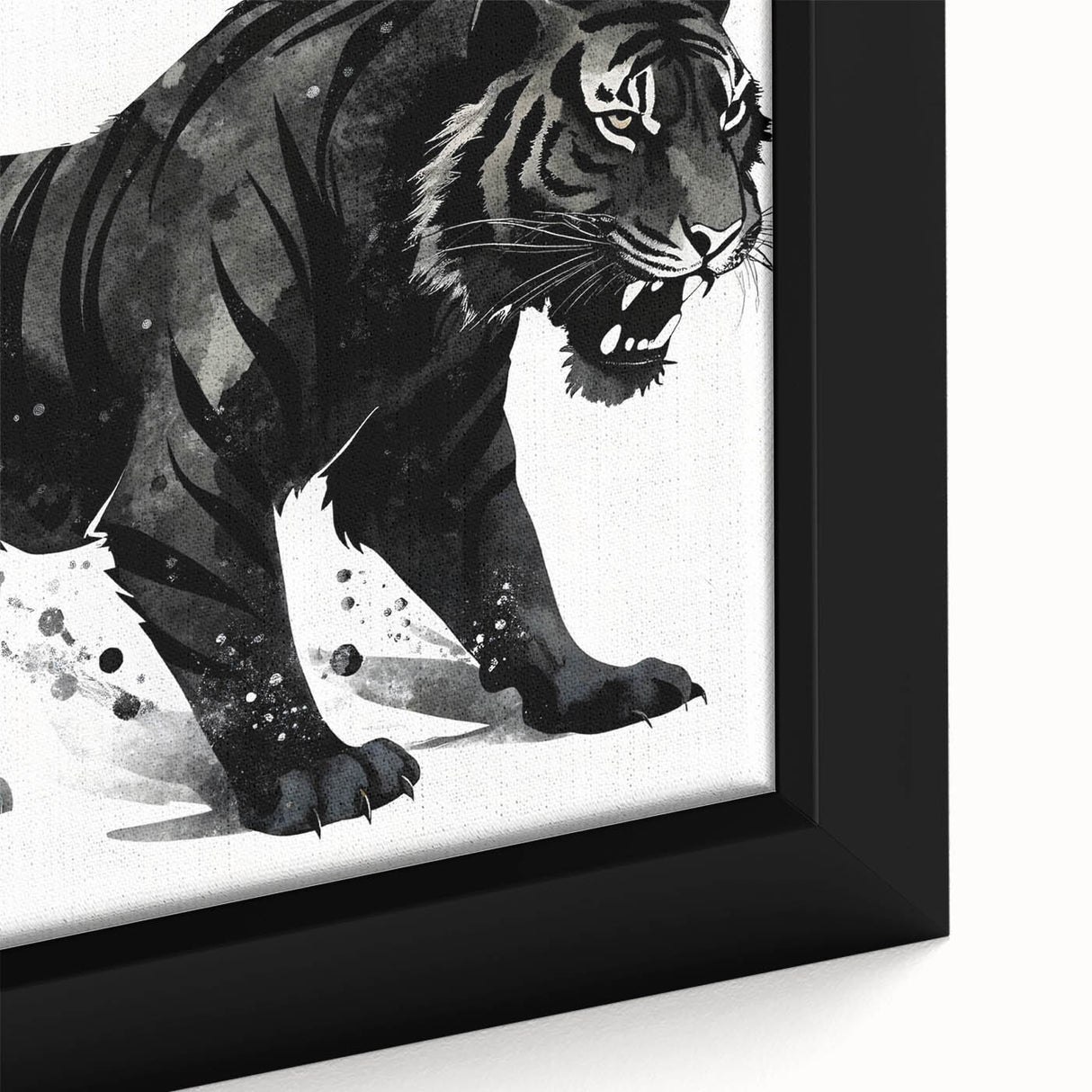 Close-up of a framed canvas wall art featuring a vibrant tiger design, highlighting intricate details and rich colors, perfect for wildlife enthusiasts and home decor.