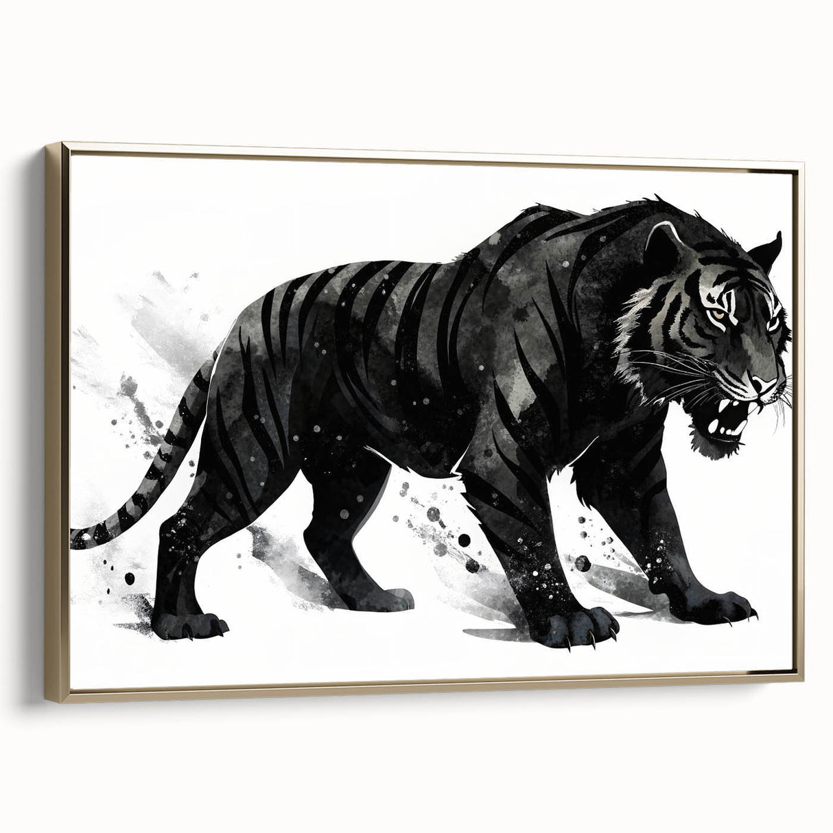 Framed canvas wall art featuring a majestic tiger design in vibrant orange and gold hues, showcasing intricate details and textures, perfect for wildlife enthusiasts.