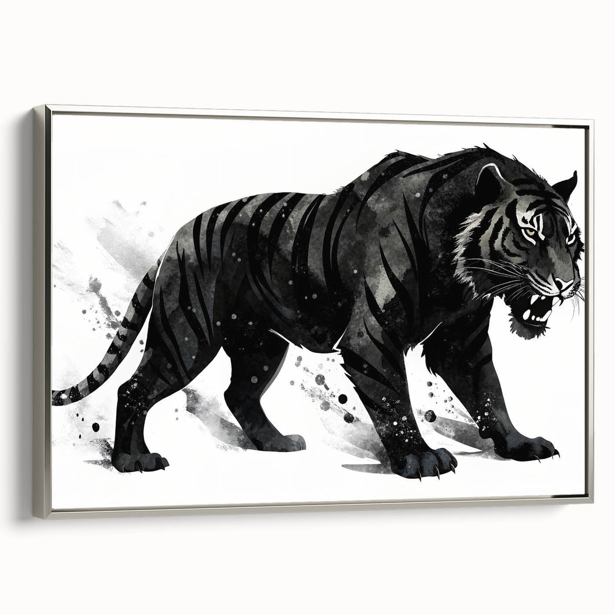 Framed canvas wall art of a majestic tiger in a silver frame, showcasing intricate details and vibrant colors, perfect for wildlife enthusiasts and home decor.