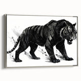Framed canvas wall art of a majestic tiger in a silver frame, showcasing intricate details and vibrant colors, perfect for wildlife enthusiasts and home decor.
