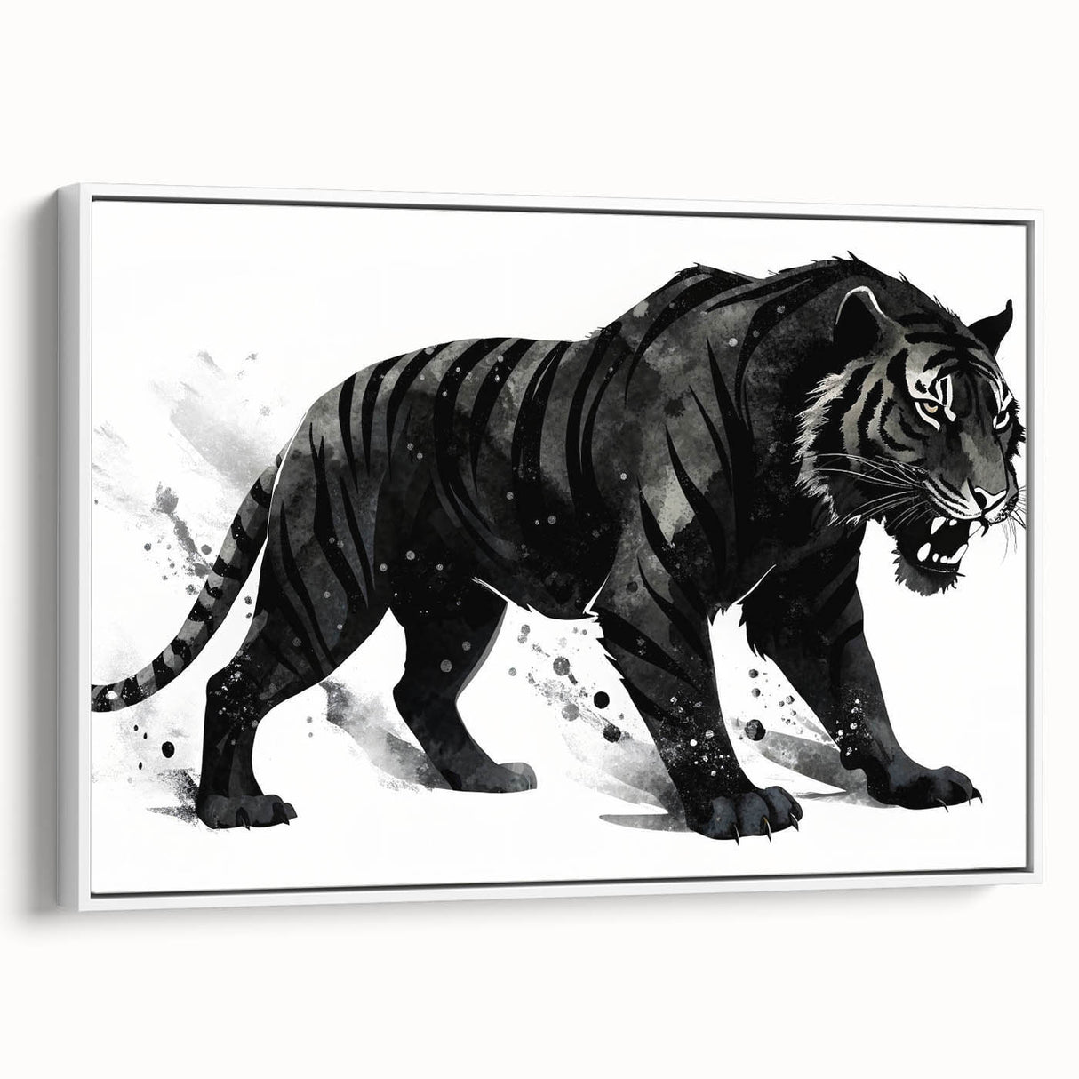 Framed canvas wall art showcasing a stunning tiger design in vibrant colors, set against a white background, perfect for animal and wildlife enthusiasts.
