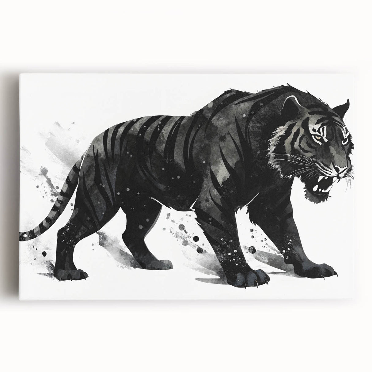 Vibrant wall art featuring a majestic tiger design on stretched canvas, showcasing intricate details and bold colors, perfect for wildlife enthusiasts and home decor.