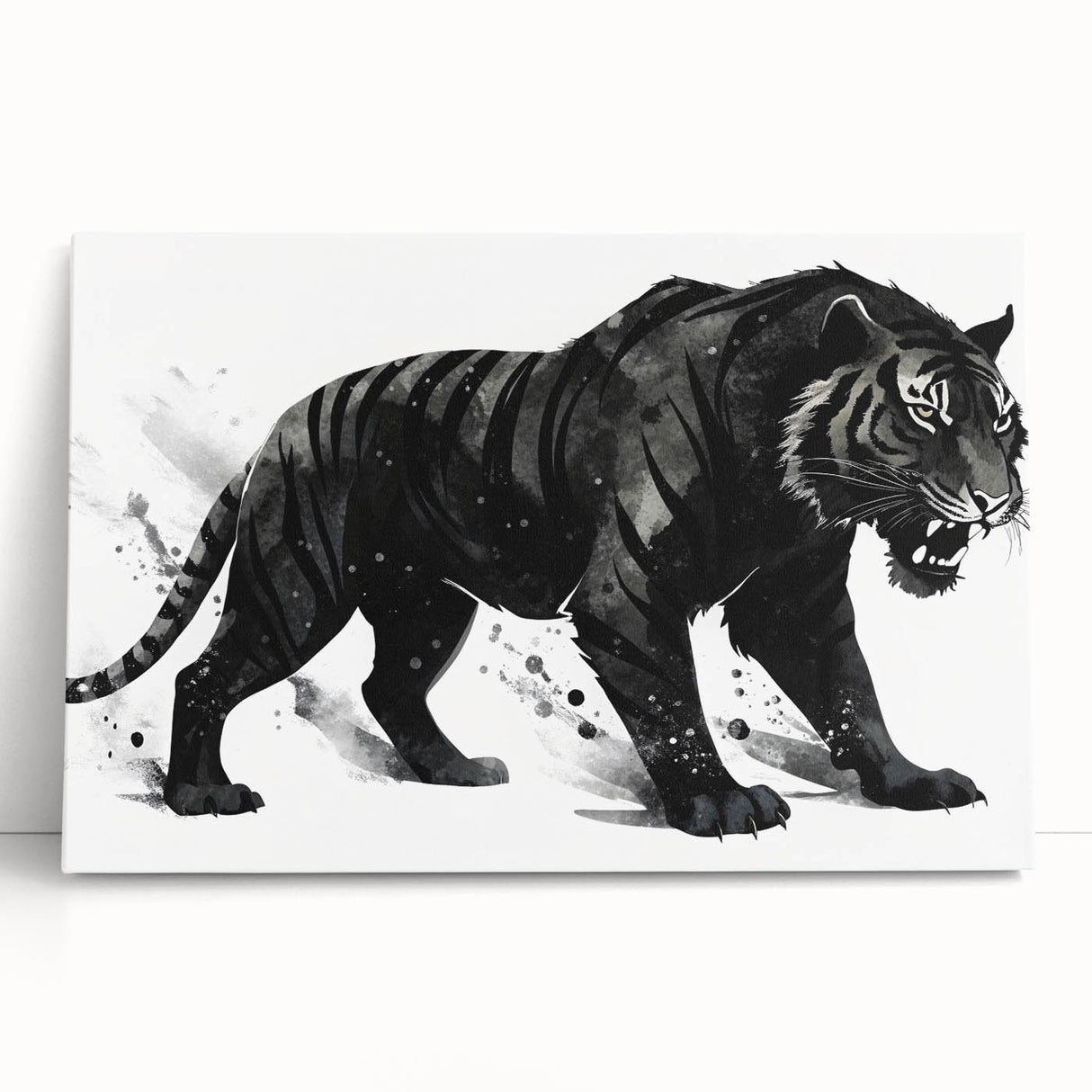 Stretched canvas artwork featuring a majestic tiger design, vibrant orange and black colors, ideal for wildlife enthusiasts, perfect for home decor.