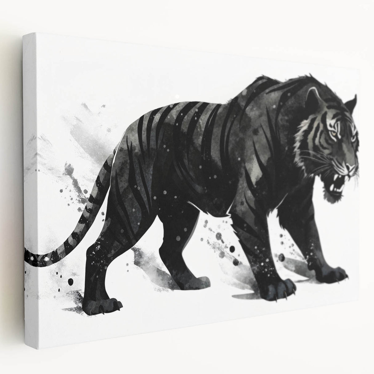 Stretched canvas wall art depicting a vibrant tiger design in a side view, showcasing bold colors and intricate details, perfect for wildlife enthusiasts and home decor.