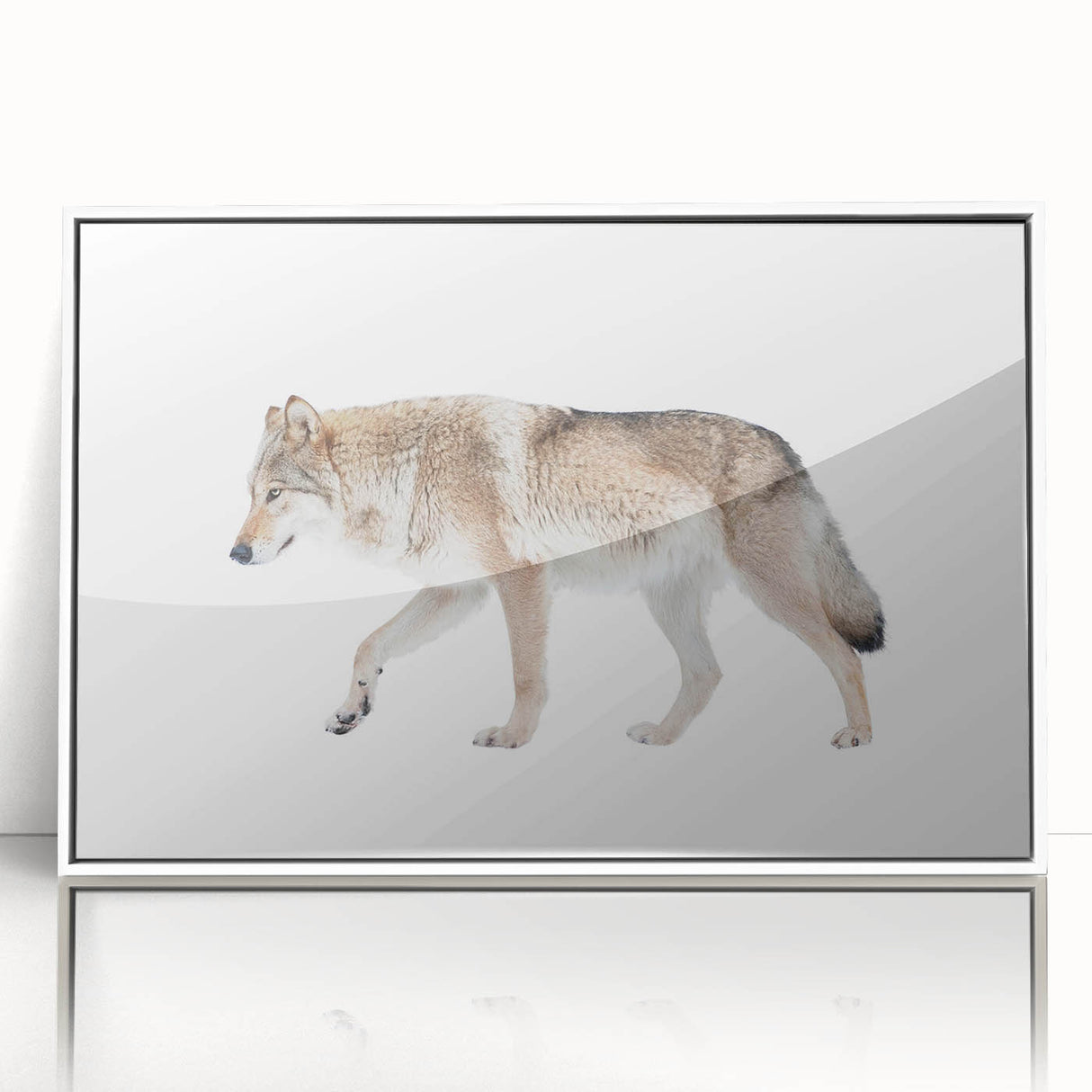 Framed wall art featuring a striking wolf design in a minimalist style, showcasing vibrant colors against a sleek white background, perfect for animal lovers and modern decor.