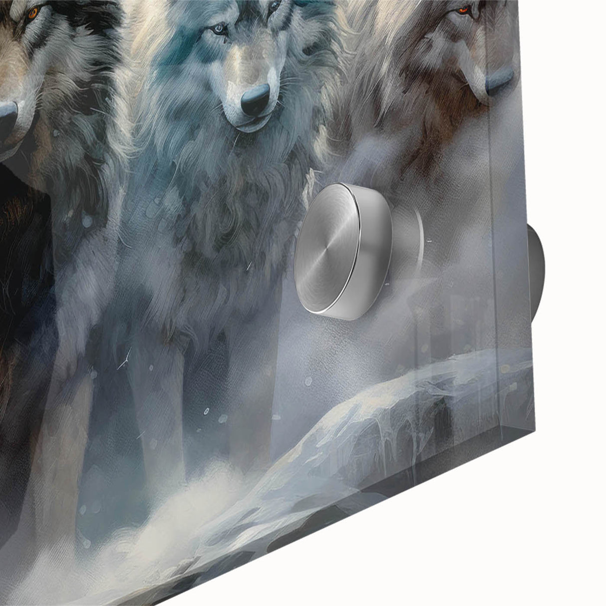 Close-up of a striking acrylic glass wall art piece showcasing a detailed wolf design, featuring vibrant colors and intricate textures, perfect for wildlife enthusiasts.