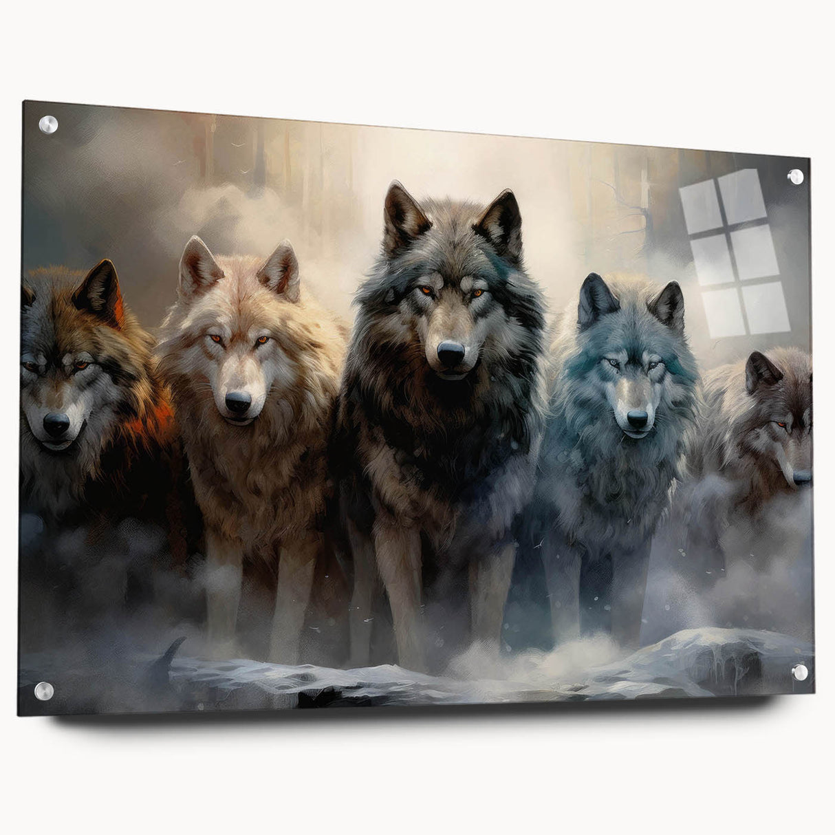 Side view of a wolf-themed wall art piece featuring a sleek acrylic glass finish, secured with pins, showcasing striking colors and intricate design, perfect for animal lovers.
