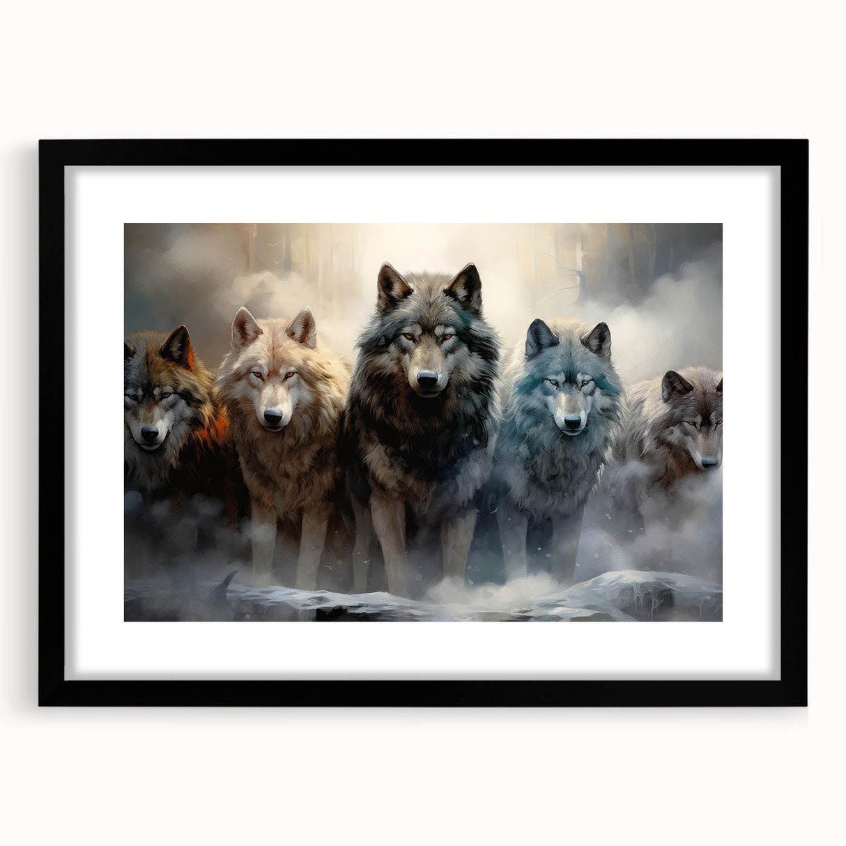 Framed wall art collection featuring a striking wolf design on a black mat, showcasing intricate details and bold colors, perfect for nature enthusiasts and home decor.