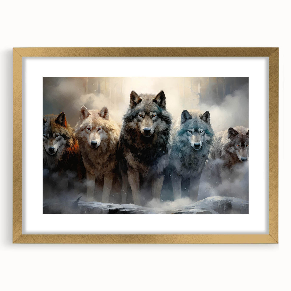 Stylish wall art featuring a striking gold-framed design of a wolf in a natural setting, perfect for home decor enthusiasts seeking wildlife-themed artwork.