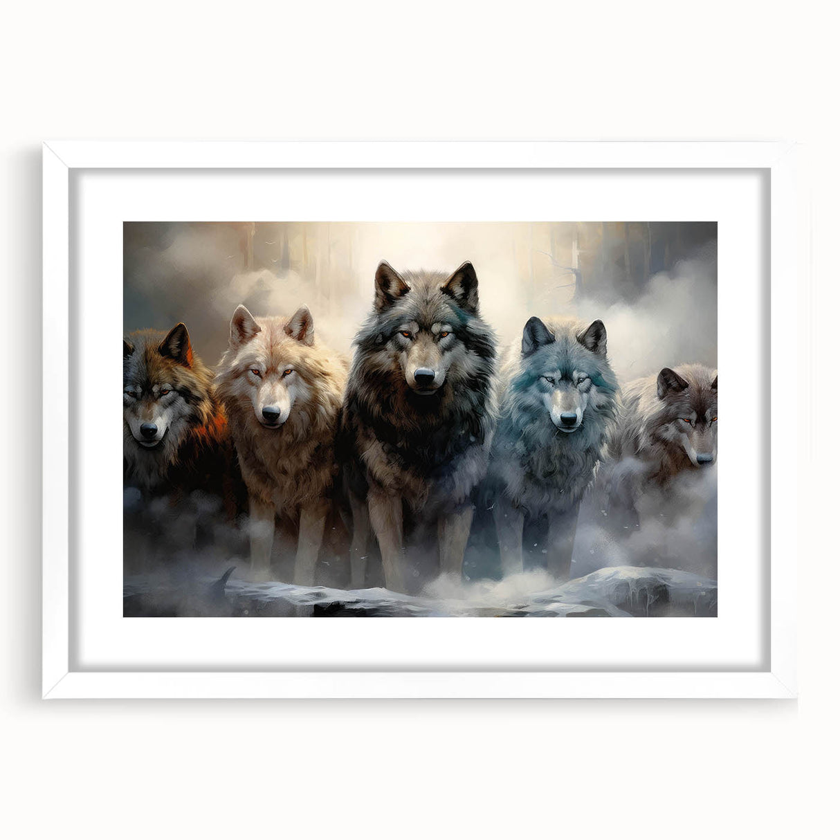 Framed wall art collection featuring a striking wolf design, showcasing intricate details and vibrant colors against a white mat, perfect for wildlife enthusiasts.