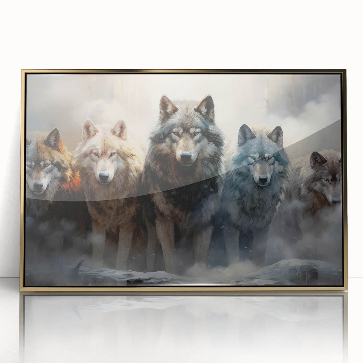 Framed wall art featuring a stunning wolf design in vibrant colors with a gold-acrylic finish, ideal for wildlife enthusiasts and home decor. Perfect for adding a touch of nature-inspired elegance to any space.