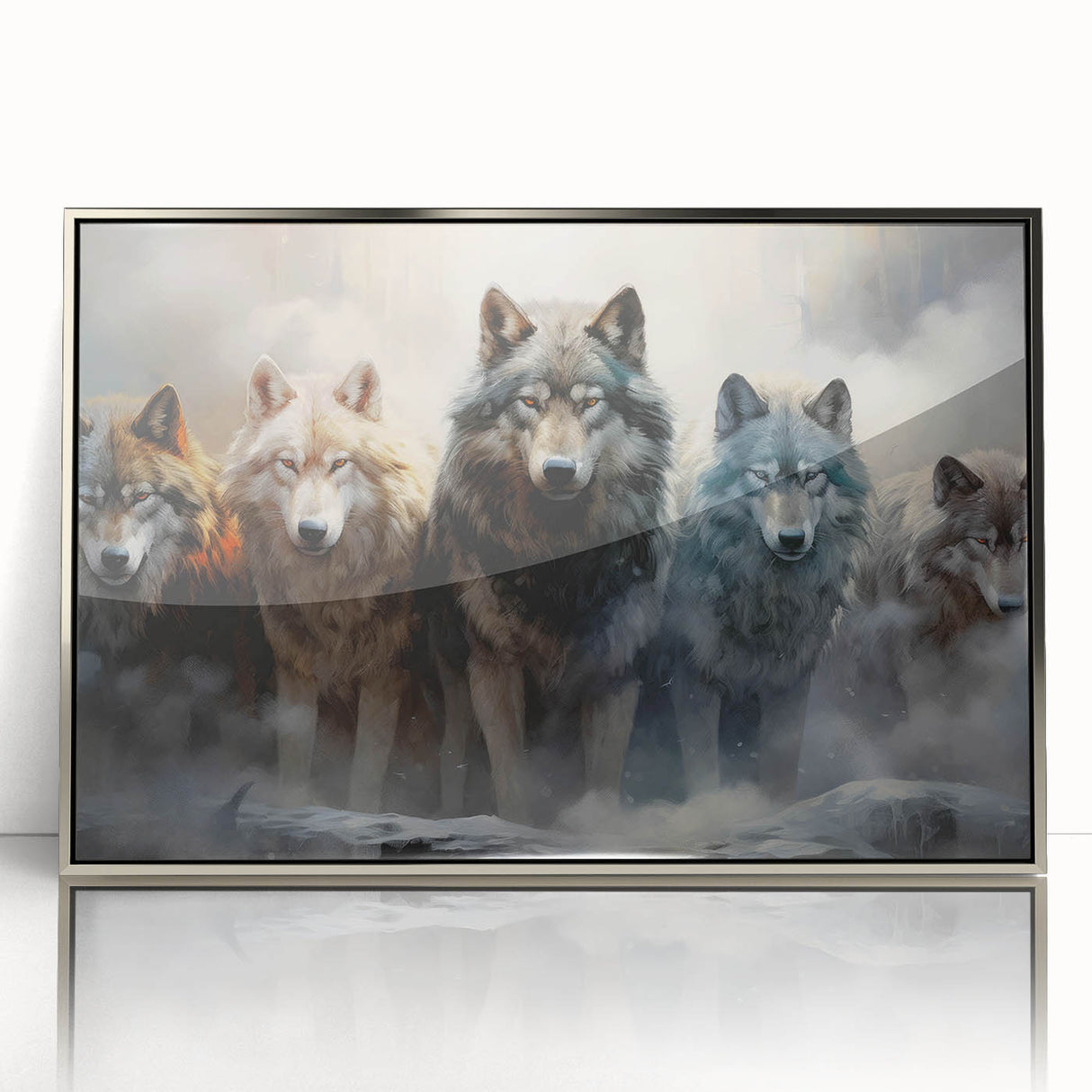 Framed wall art featuring a striking wolf design in a silver acrylic frame, showcasing a detailed depiction of a wolf in a natural setting, perfect for wildlife enthusiasts.