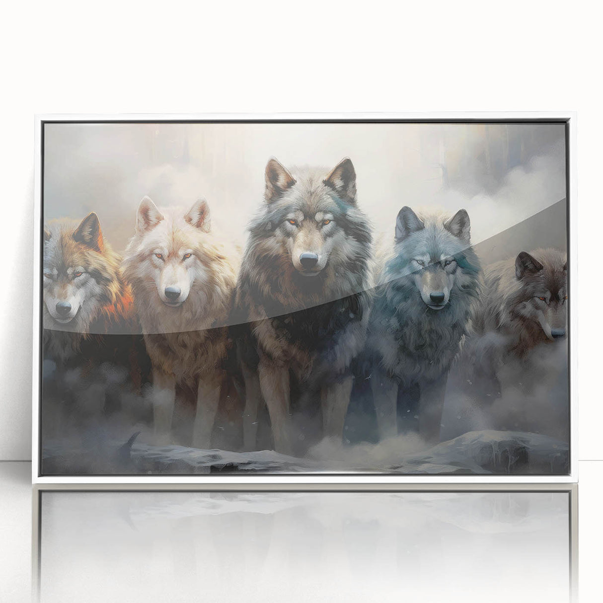 Framed wall art displaying a striking wolf design in a wild-life theme, featuring a white frame and acrylic front, perfect for animal lovers and home decor enthusiasts.