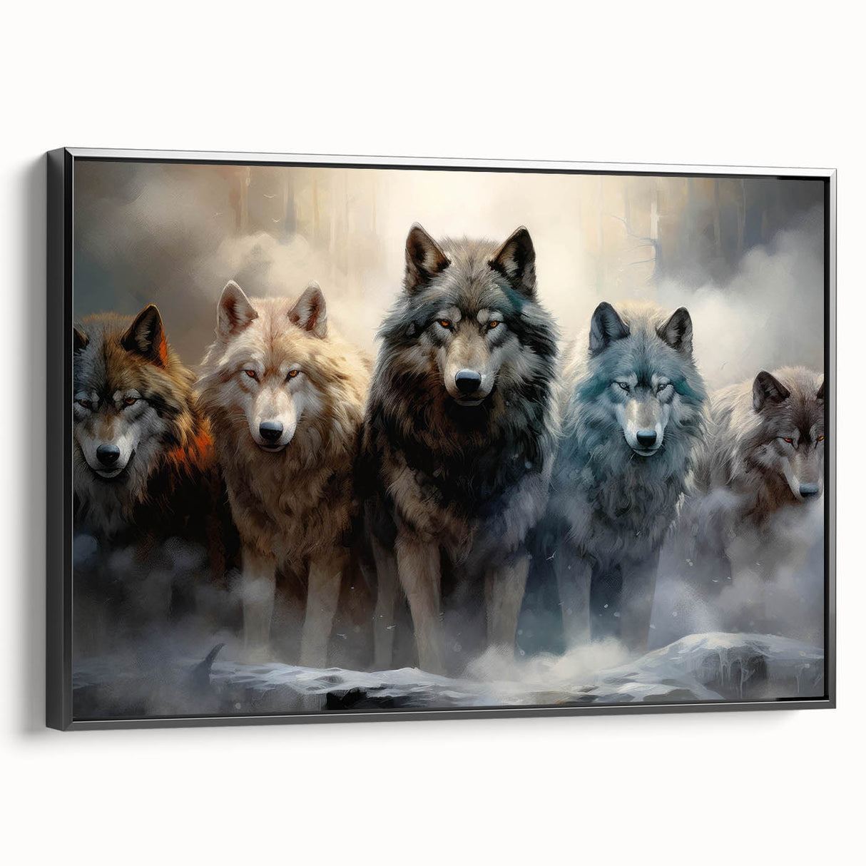 Framed canvas wall art showcasing a striking wolf design in a black frame. The artwork features vibrant colors and intricate details, perfect for wildlife enthusiasts.