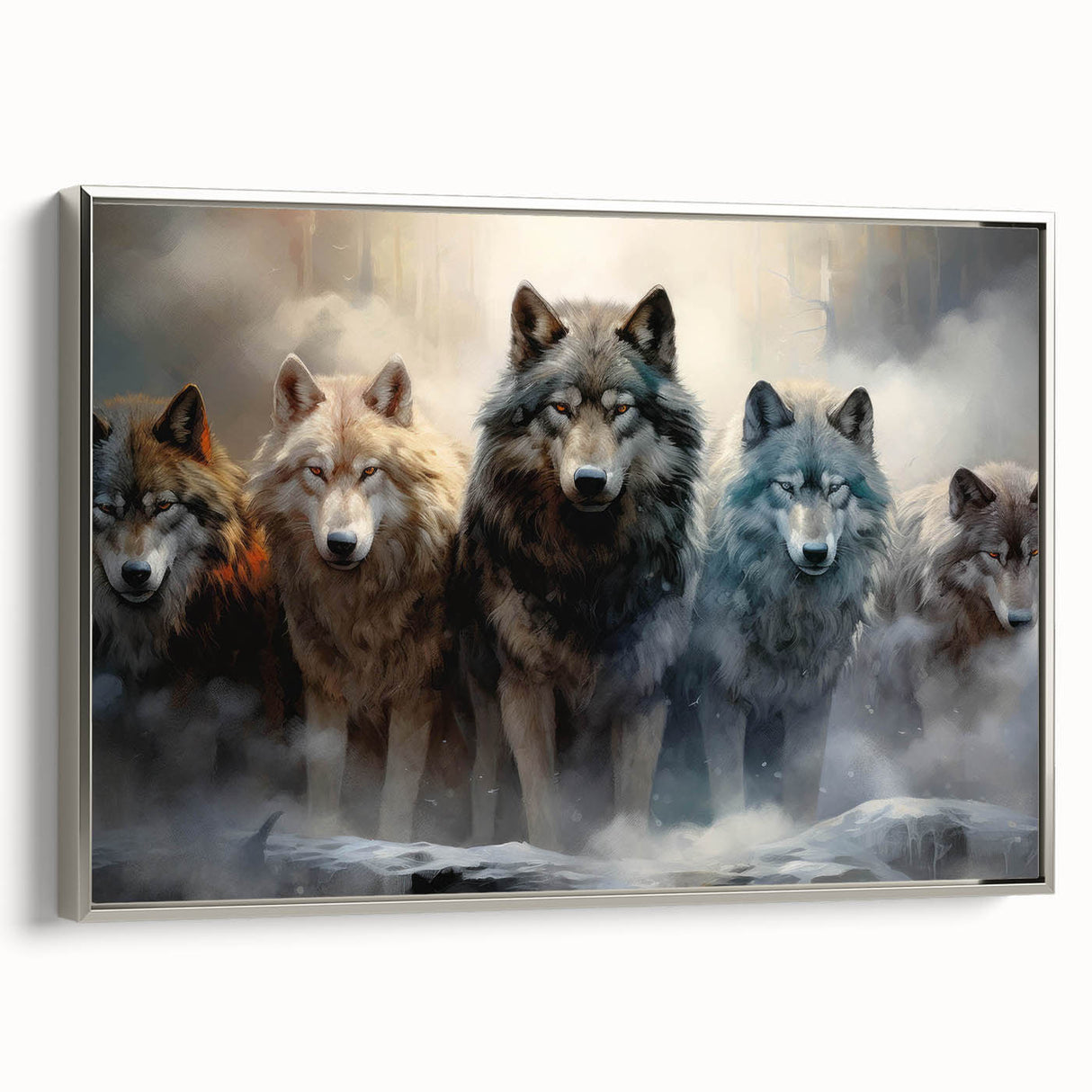 Framed wall art featuring a striking silver and black wolf design on textured canvas, showcasing the majestic animal in a wild setting, ideal for home decor.