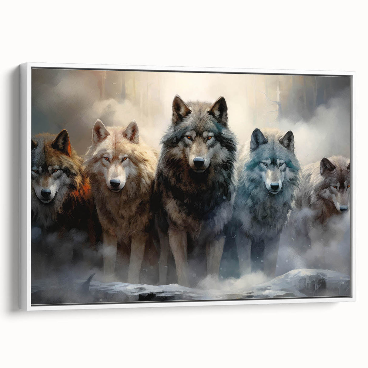 Framed canvas wall art featuring a striking wolf design in a wild landscape, showcasing detailed fur texture and vibrant colors, perfect for nature lovers' decor.