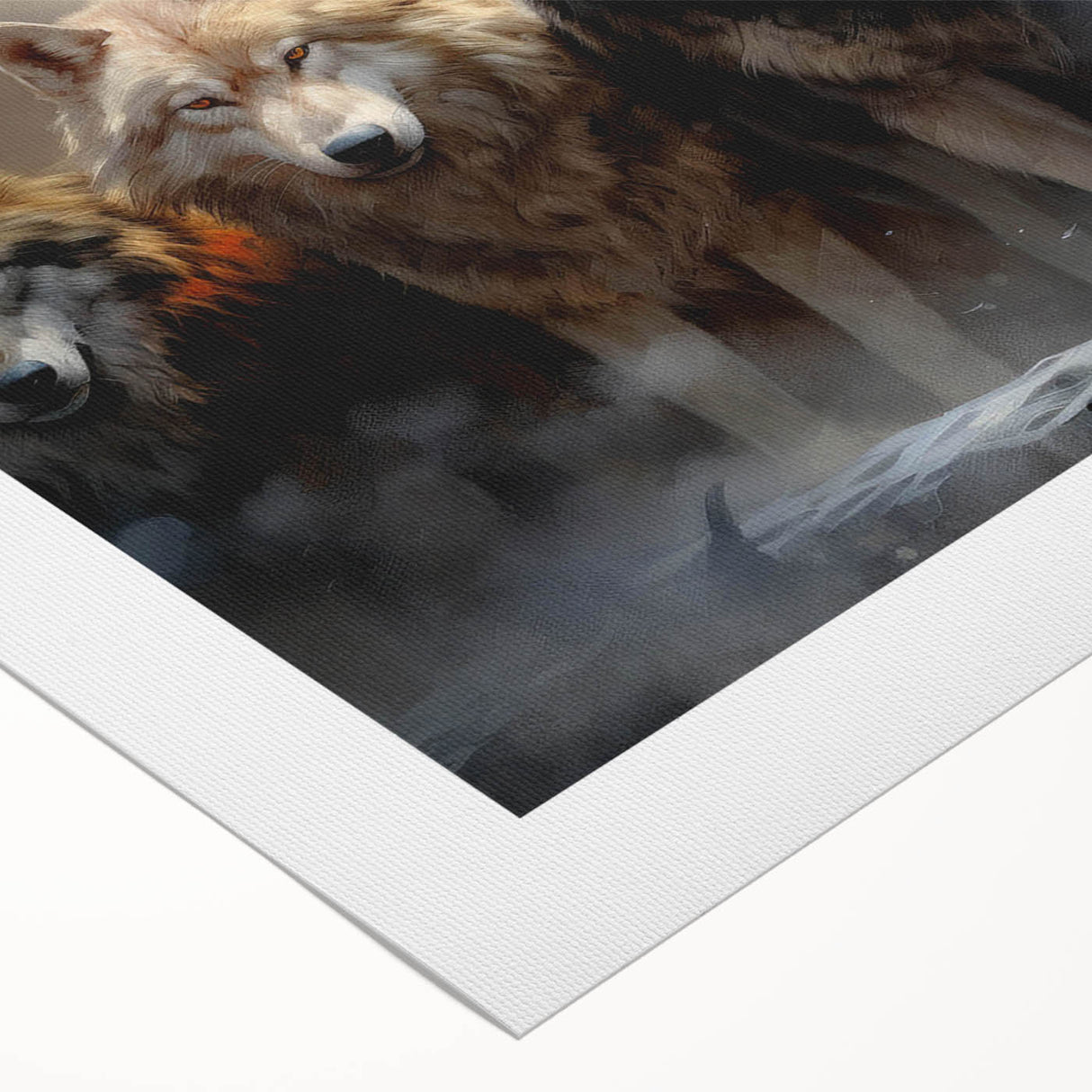 Stunning rolled canvas wall art depicting a majestic wolf in a natural setting, showcasing intricate details and vibrant colors, ideal for wildlife enthusiasts.