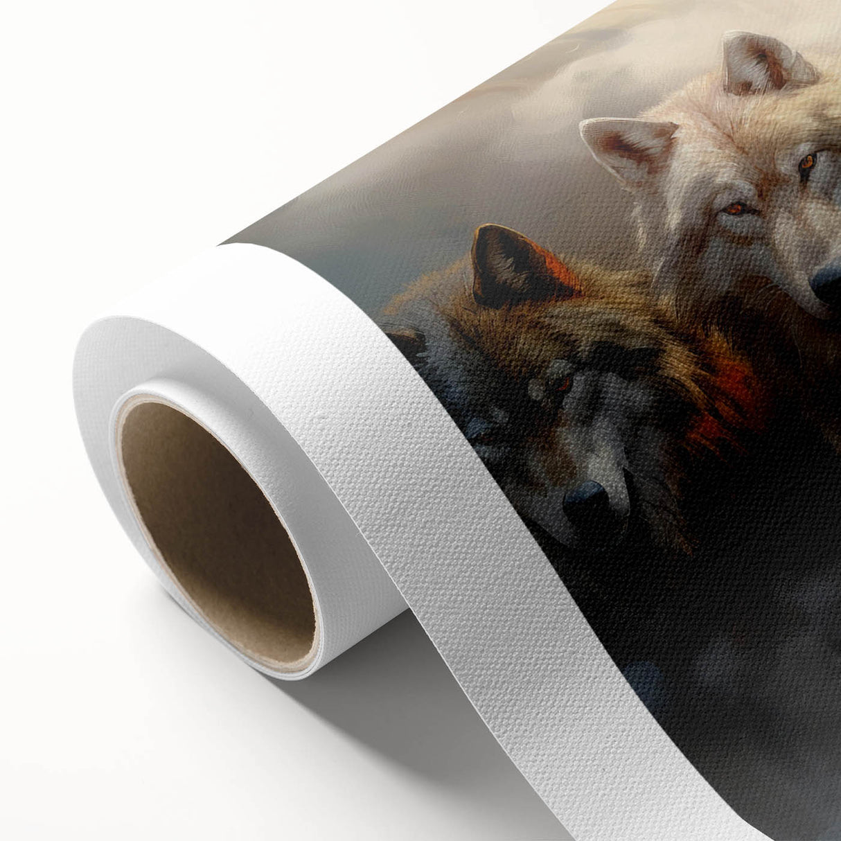 Stunning rolled canvas depicting a majestic wolf in a wild landscape, showcasing intricate details and vibrant colors for a striking wall art addition. Perfect for nature lovers and home decor enthusiasts.