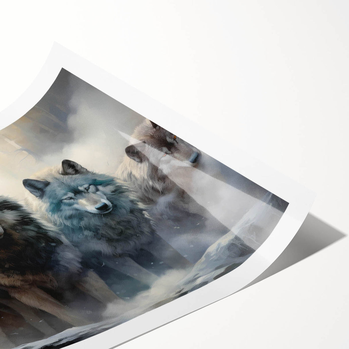 Artistic wall print showcasing a majestic wolf in a natural setting, featuring intricate details and vibrant colors, perfect for wildlife enthusiasts and home decor.