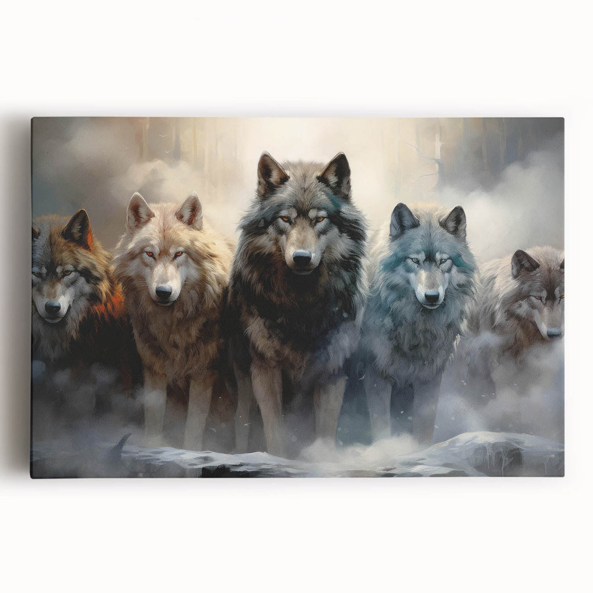 Stretched canvas wall art featuring a striking wolf design in a vibrant color palette, showcasing the animal's fierce gaze against a natural backdrop, perfect for wildlife enthusiasts.