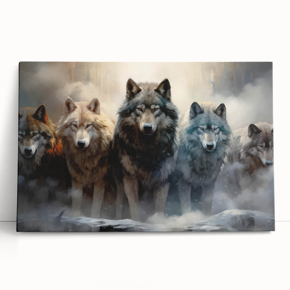 Stretched canvas wall art showcasing a striking wolf design, featuring intricate details and vibrant colors, perfect for nature enthusiasts and home decor.