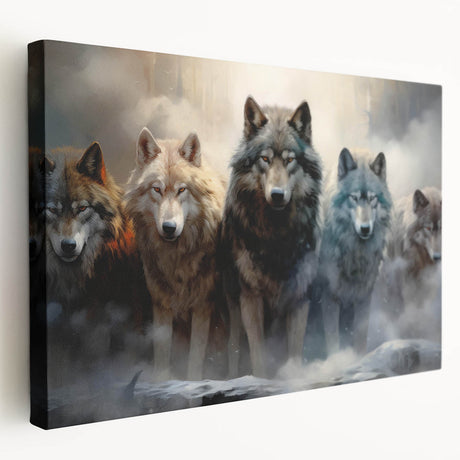 Stretched canvas wall art showcasing a striking wolf design, featuring intricate details and vibrant colors, ideal for wildlife enthusiasts and modern home decor.