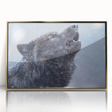 Framed wall art featuring a striking wolf design, showcasing intricate details and vibrant colors, perfect for wildlife enthusiasts and home decor. The piece has a gold acrylic frame, enhancing its elegance and appeal for any interior setting.