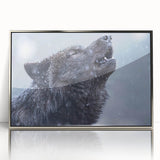 Framed wall art featuring a detailed wolf design in a silver-accented frame, showcasing a vibrant depiction of wildlife, perfect for nature lovers' decor.