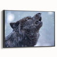 Framed canvas wall art featuring a striking black-and-white wolf design, showcasing intricate details and a sleek modern aesthetic, perfect for nature lovers and home decor enthusiasts.