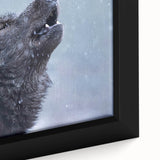 Close-up of a framed canvas wall art featuring a majestic wolf design in a wild landscape, showcasing intricate details and vibrant colors, perfect for animal lovers and home decor enthusiasts.