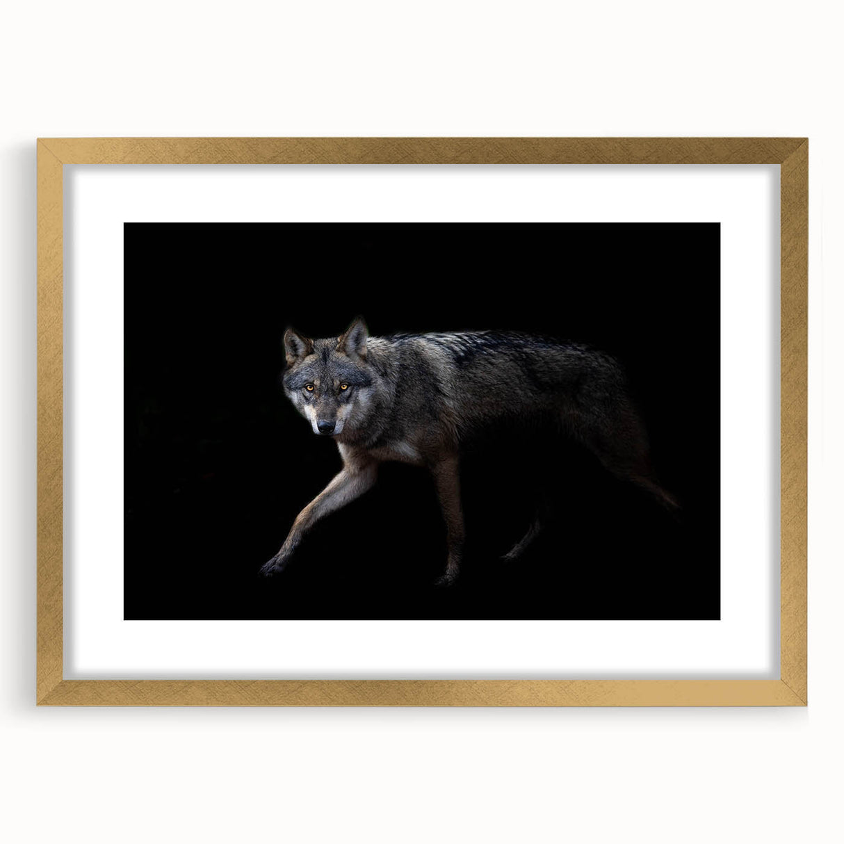 Framed wall art featuring a striking wolf design in gold, showcasing intricate details and textures, perfect for animal lovers and home decor enthusiasts.