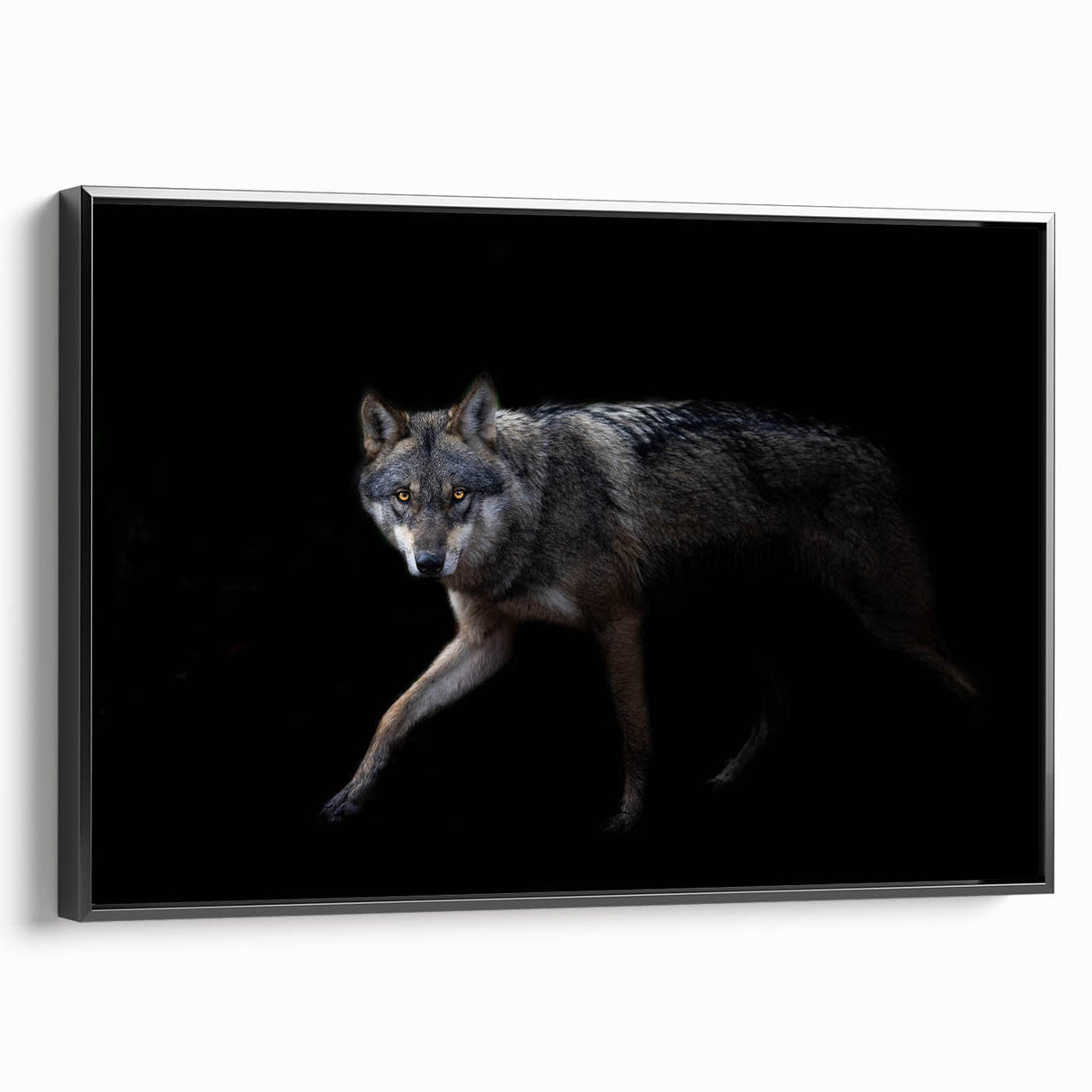 Framed canvas wall art featuring a striking wolf design, showcasing intricate details and a sleek black frame, ideal for wildlife enthusiasts and modern decor.