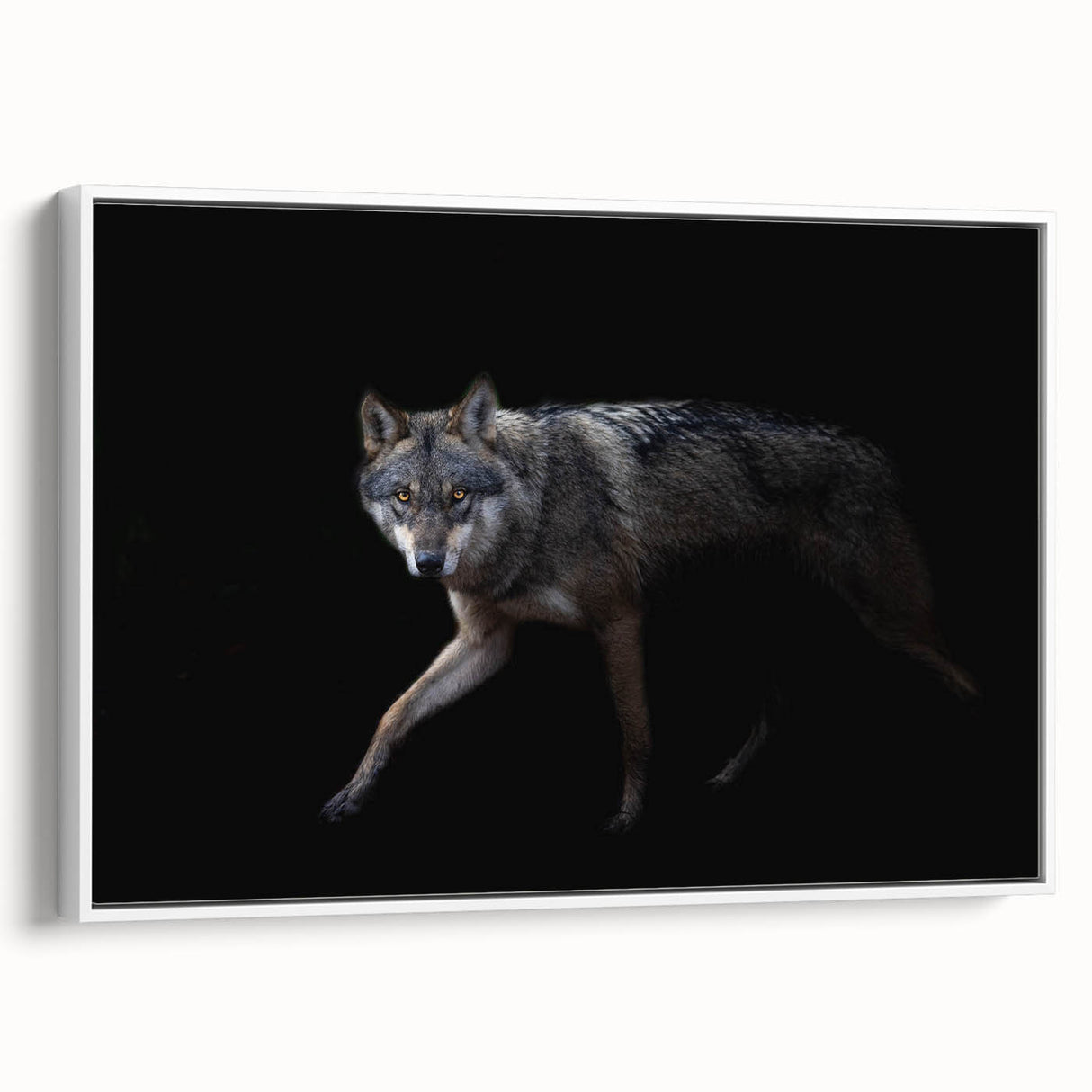 Framed wall art featuring a striking wolf design in a natural setting, showcasing detailed fur textures and a white frame, perfect for wildlife enthusiasts.