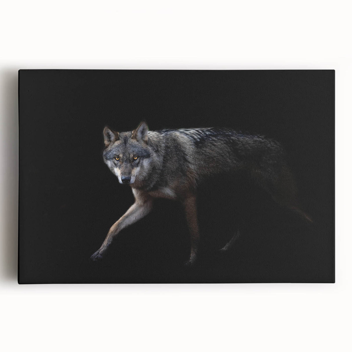 Stretched canvas wall art showcasing a majestic wolf design in a forest setting, with detailed fur textures and vibrant colors, ideal for animal lovers and home decor enthusiasts.