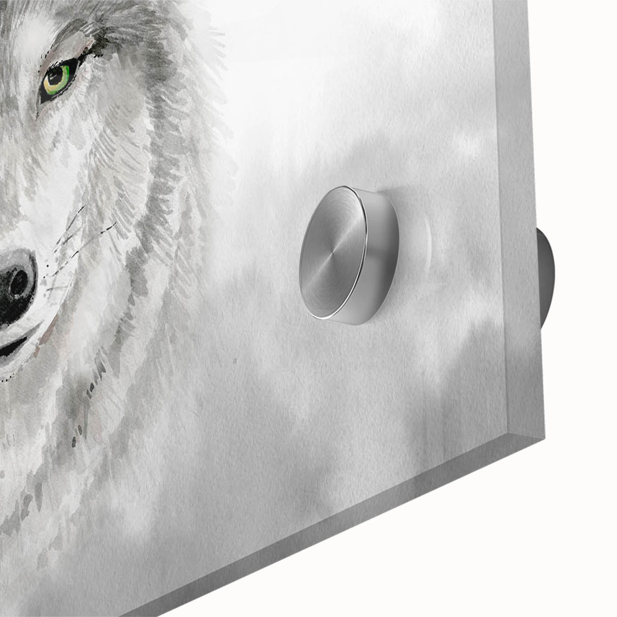 Close-up of a striking wall art piece featuring a detailed wolf design, expertly printed on acrylic glass, showcasing vibrant colors and intricate textures, ideal for wildlife enthusiasts.