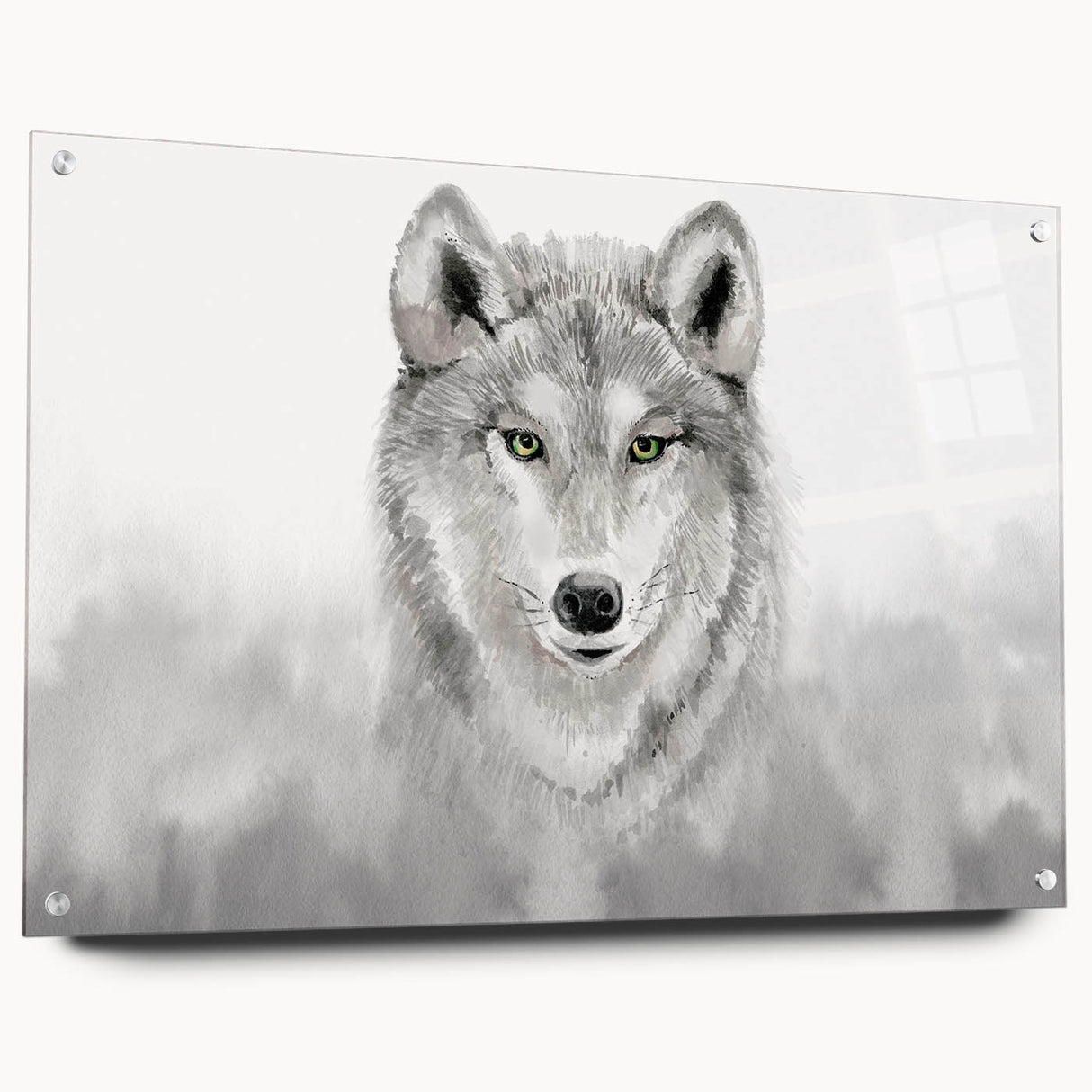Side view of a wild wolf wall art piece, showcasing a striking acrylic glass design with vibrant colors, securely pinned for display in a modern setting.