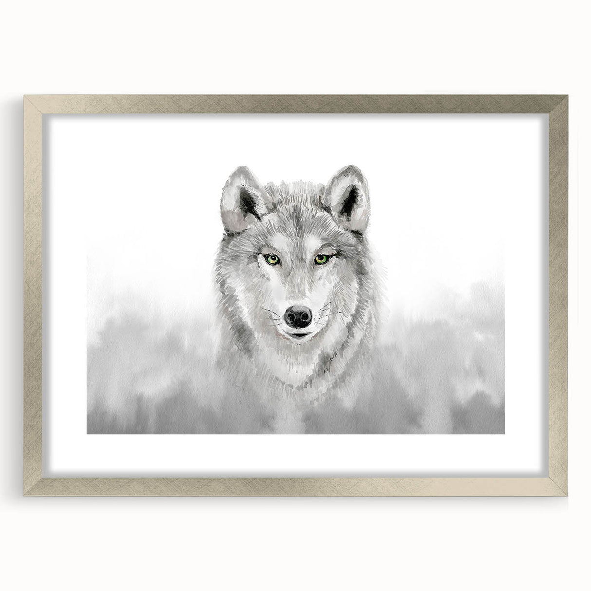 Framed wall art featuring a striking wolf design in a silver frame, showcasing intricate details and a modern mat for an elegant touch, perfect for wildlife enthusiasts.