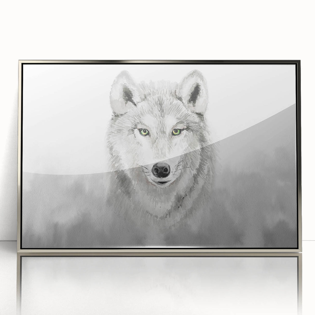 Framed acrylic wall art showcasing a striking silver wolf design, perfect for adding a modern touch to home decor. The artwork features intricate details and vibrant colors that capture the essence of wildlife. Ideal for animal lovers and contemporary spaces.