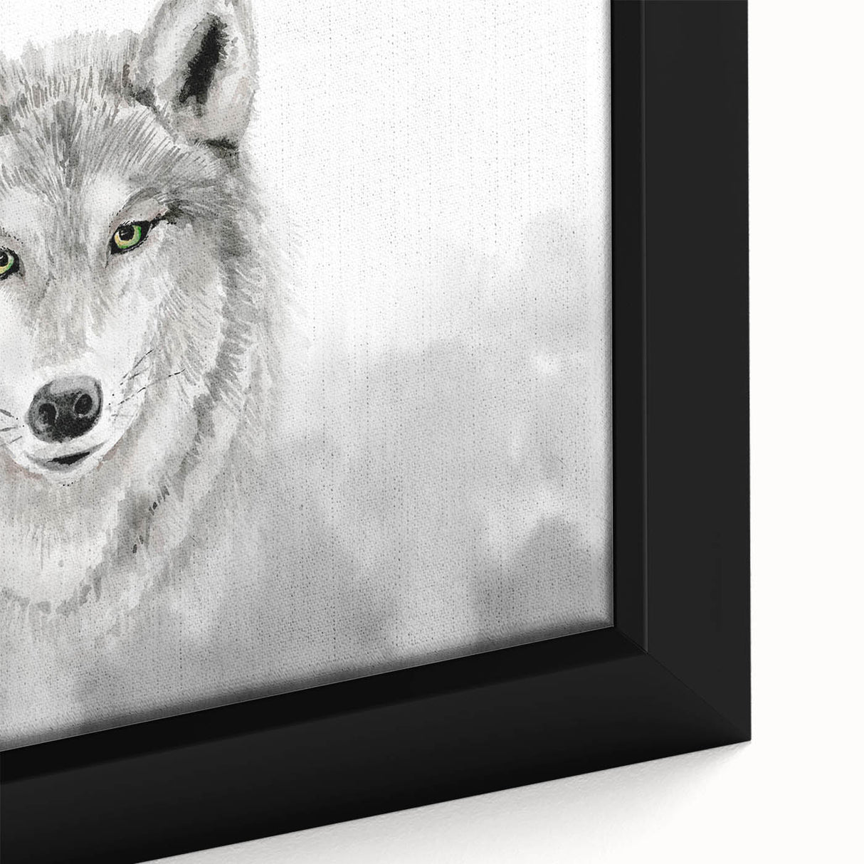Close-up of a framed canvas wall art featuring a striking wolf design, showcasing intricate details and vivid colors that capture the essence of wildlife.