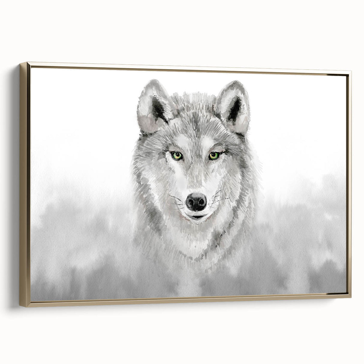 Framed wall art featuring a striking wolf design in gold tones, showcasing intricate details and textures, perfect for enhancing home decor with a wild aesthetic.