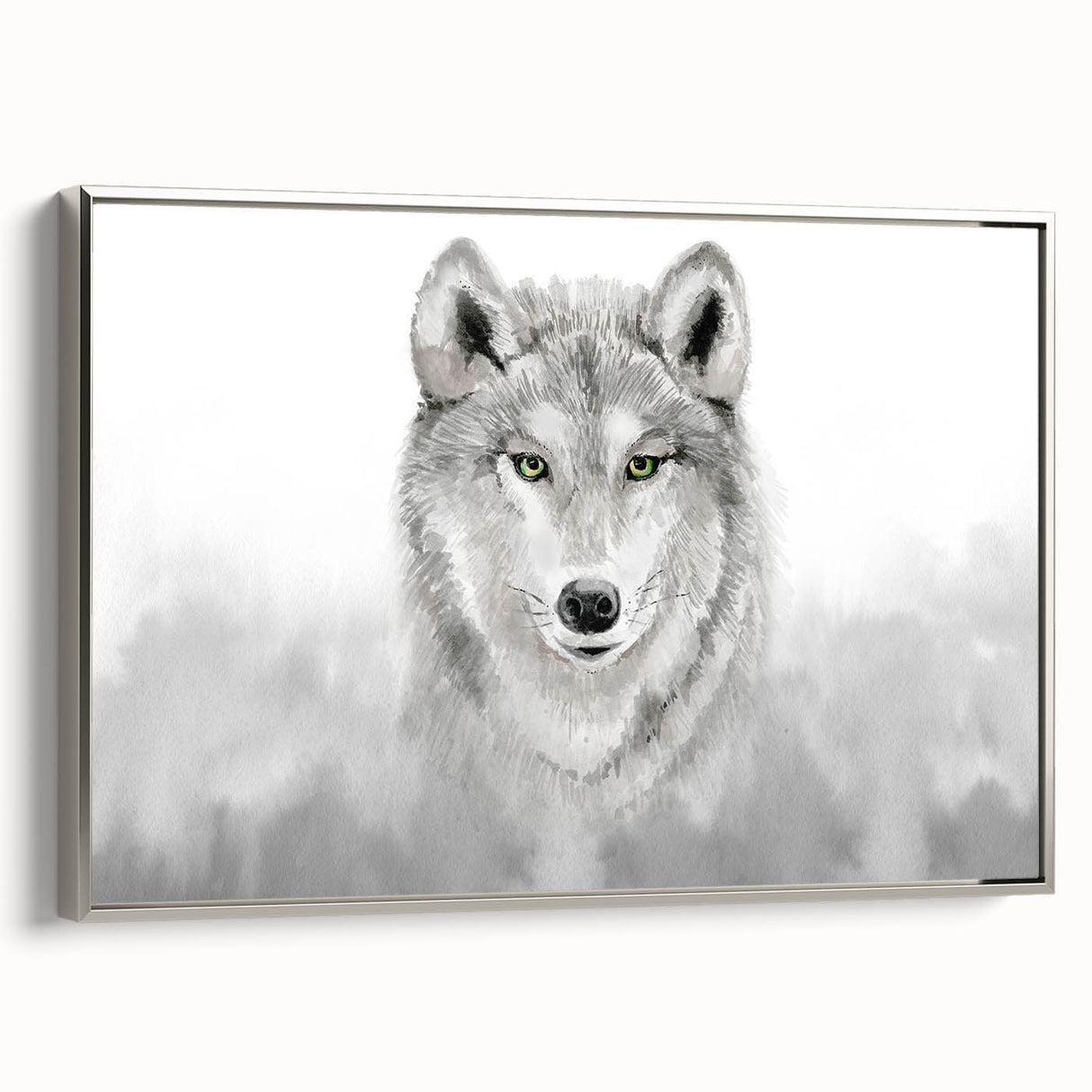 Framed canvas wall art showcasing a striking silver wolf design in a wild life theme, emphasizing intricate details and textures, perfect for animal lovers and home decor.