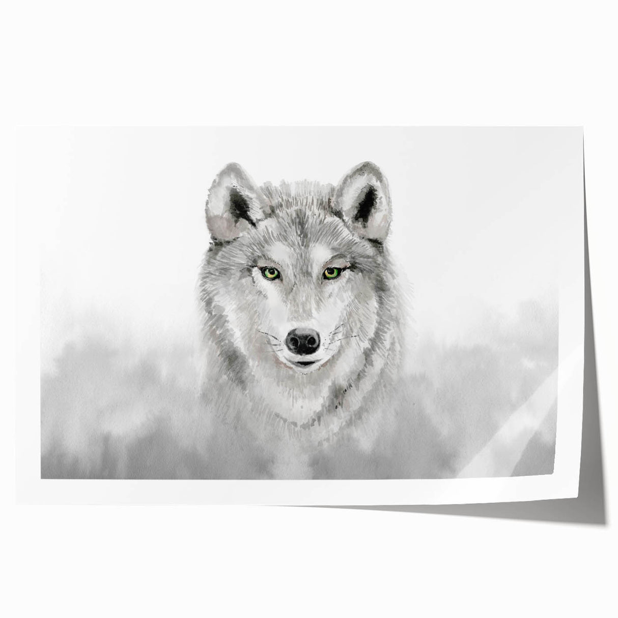 Stunning wall art print featuring a majestic wolf design in a wild, natural setting, highlighting intricate details and vibrant colors, ideal for animal lovers and home decor enthusiasts.