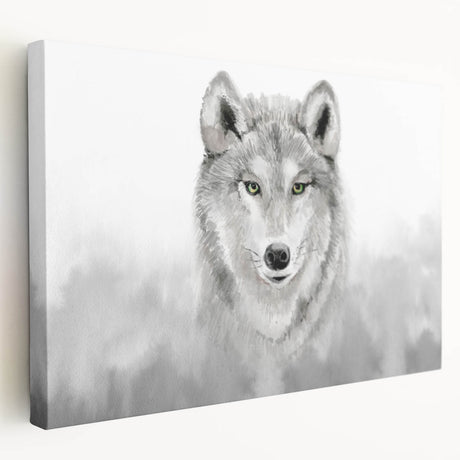 Stretched canvas wall art featuring a striking wolf design in a natural woodland setting, showcasing detailed fur textures and vibrant colors, ideal for wildlife enthusiasts.