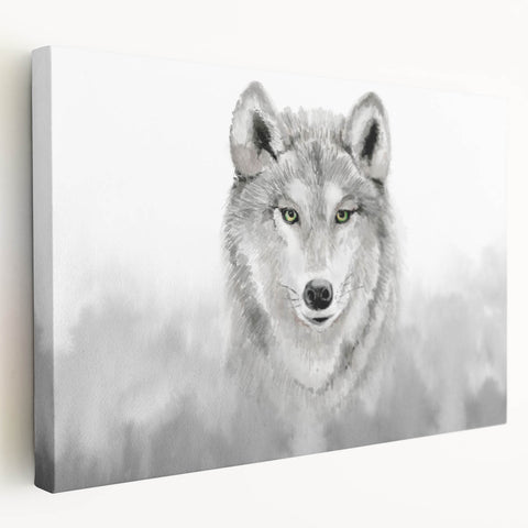 Stretched canvas wall art featuring a striking wolf design in a natural woodland setting, showcasing detailed fur textures and vibrant colors, ideal for wildlife enthusiasts.