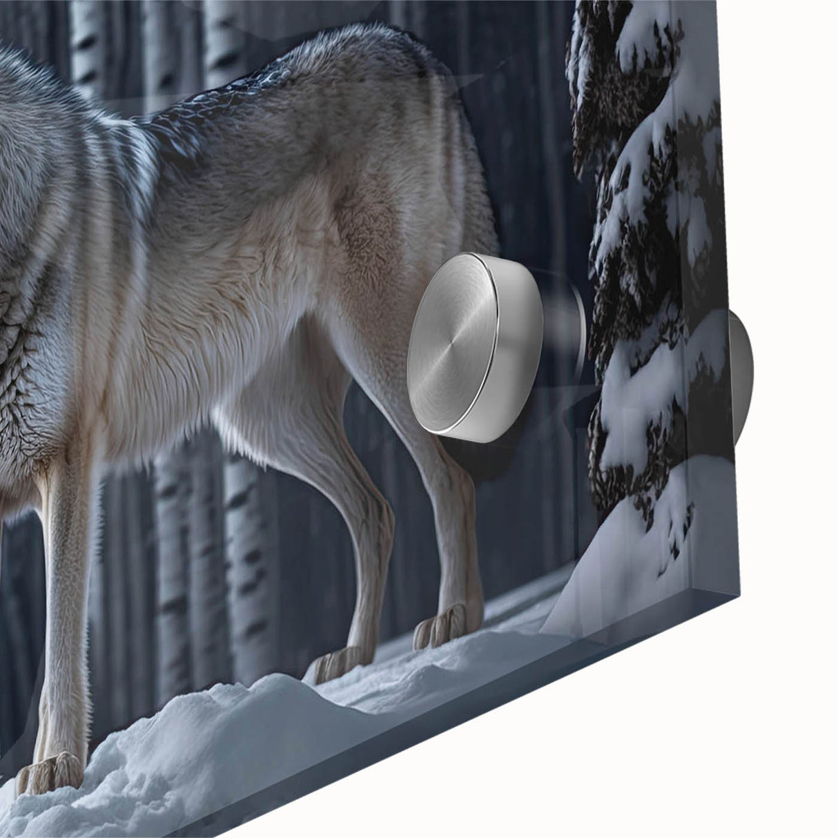Close-up of a striking wolf design wall art piece, showcasing intricate details and vibrant colors on acrylic glass, ideal for nature enthusiasts. Perfect for enhancing home decor with a wild aesthetic.