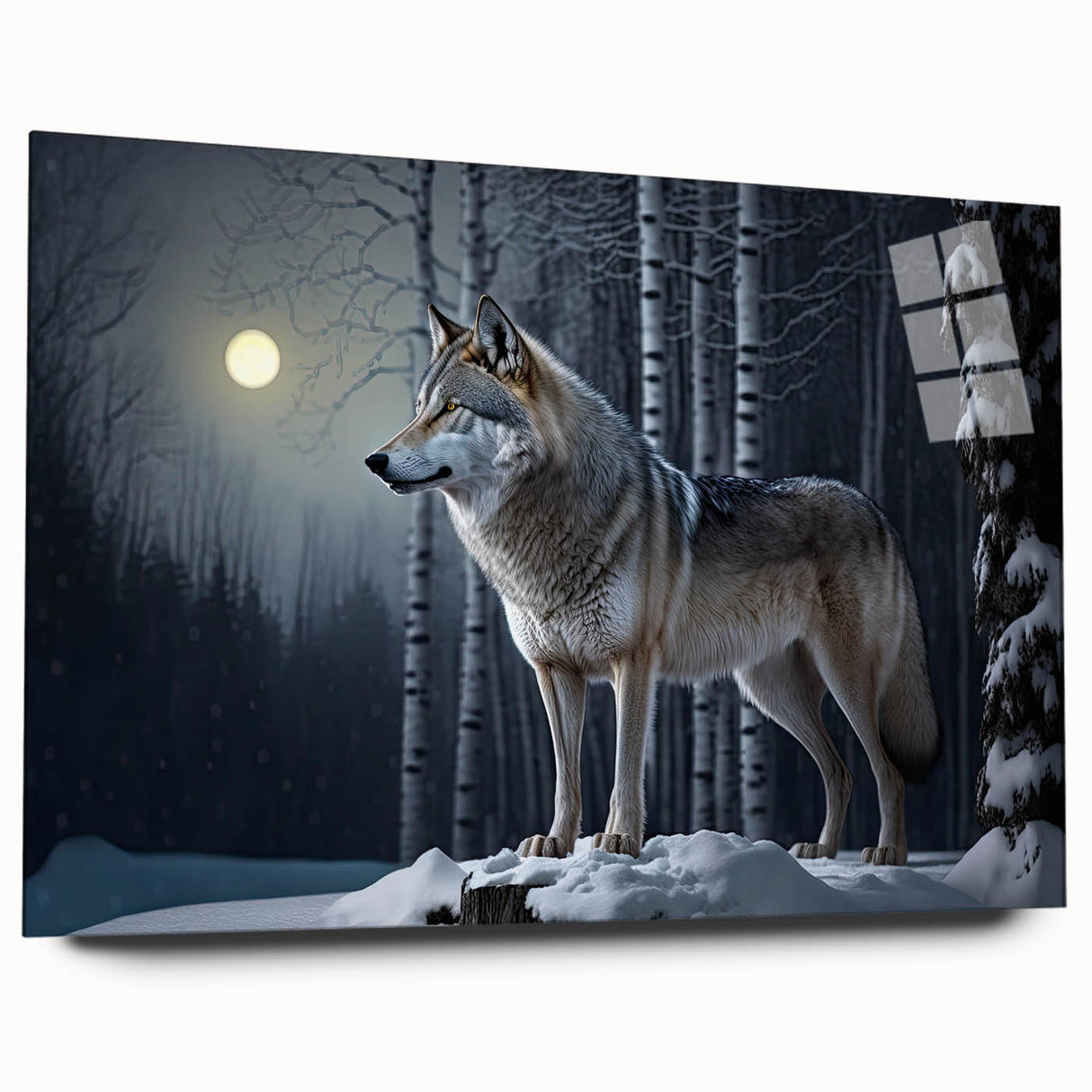 Side view of a striking wolf design acrylic wall art piece, showcasing intricate details and vibrant colors, perfect for wildlife enthusiasts and home decor.