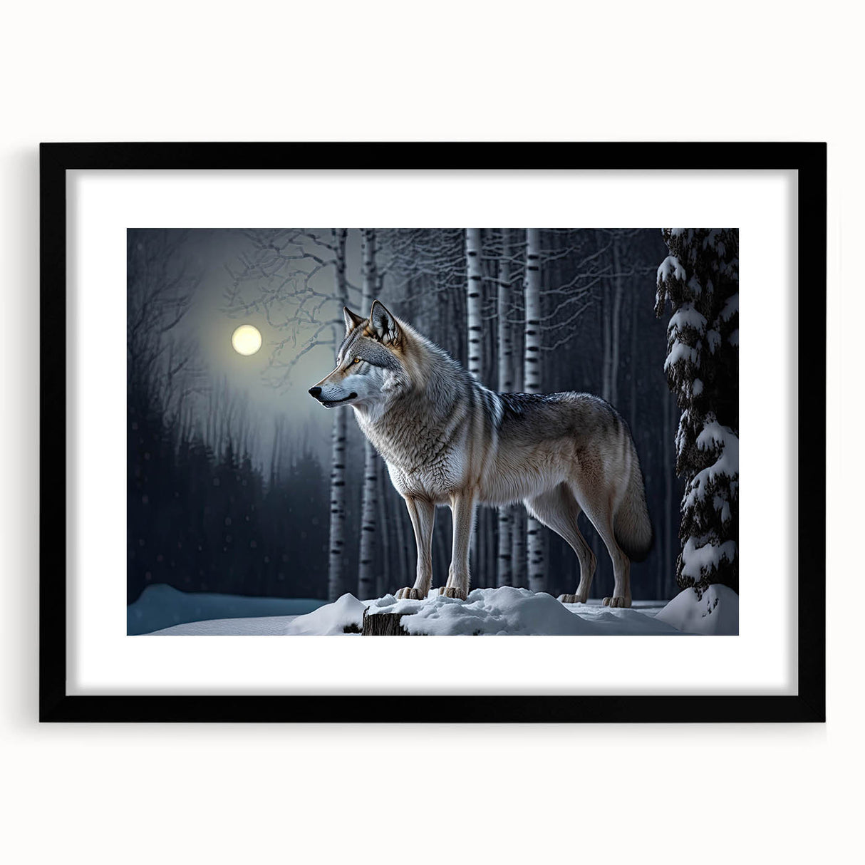 Framed wall art featuring a striking wolf design in a black frame with a mat, showcasing wildlife artistry ideal for nature lovers and home décor enthusiasts.
