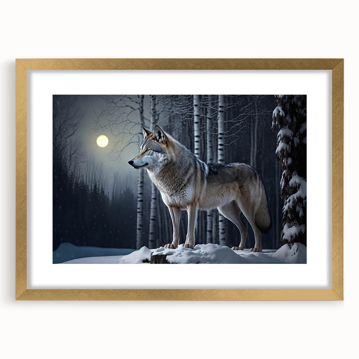 Framed wall art featuring a striking wolf design, highlighted with a gold mat, showcasing intricate details and a modern aesthetic, ideal for nature lovers' decor.