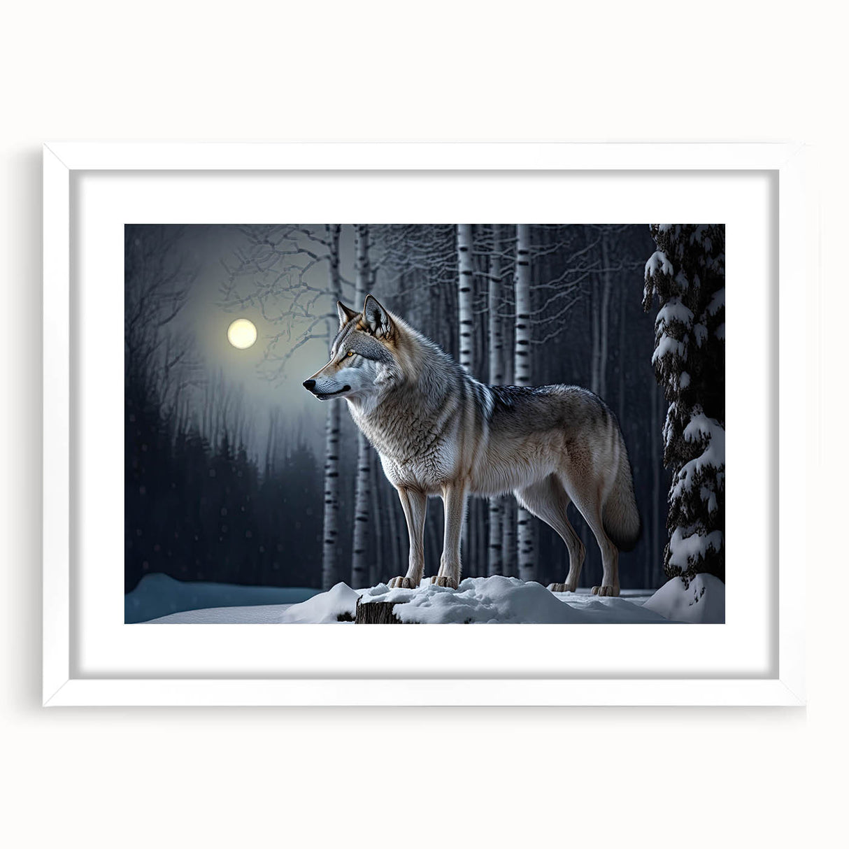 Framed wall art featuring a striking wolf design in a white mat, showcasing intricate details and vivid colors, perfect for nature-themed decor.
