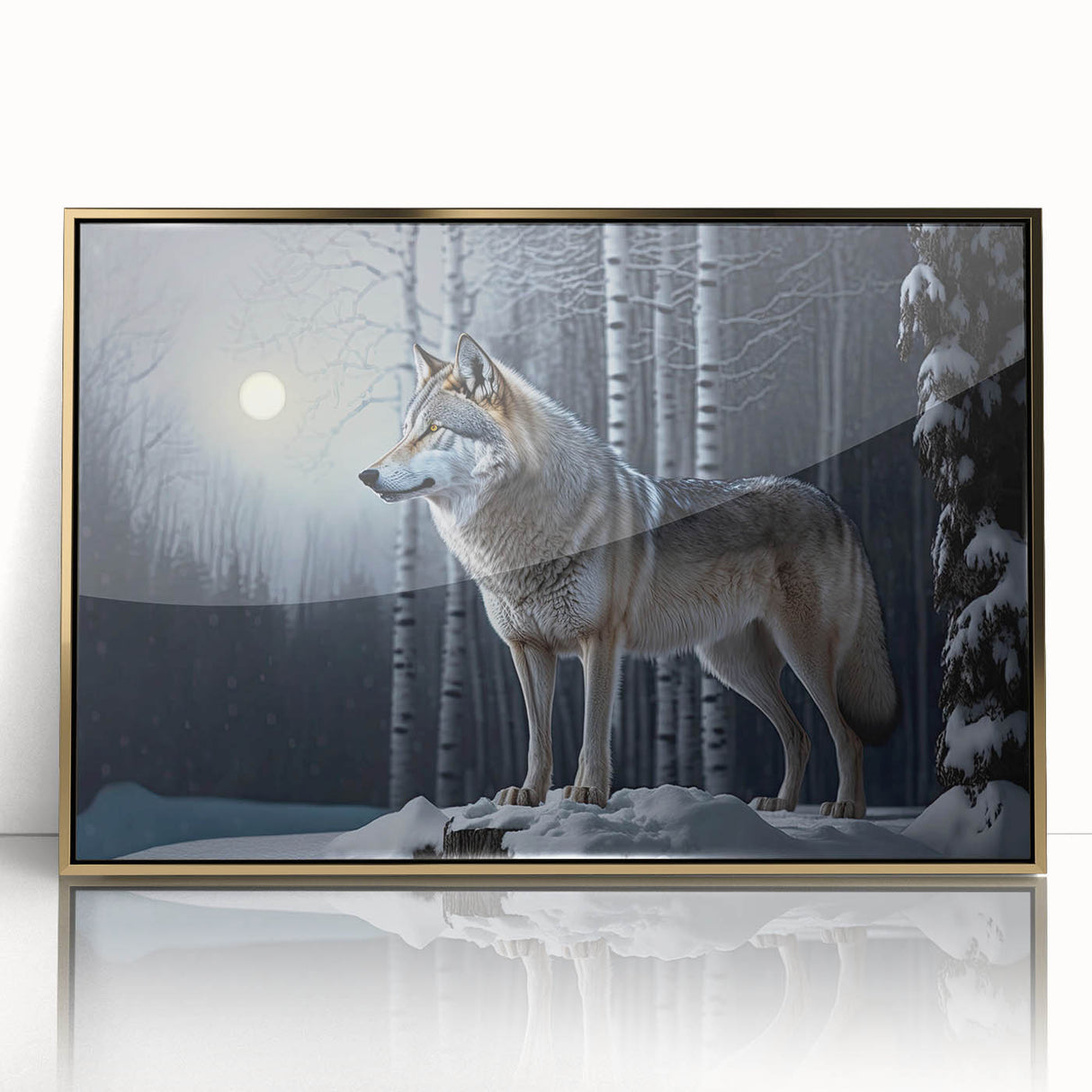 Framed acrylic wall art showcasing a majestic wolf design in a gold frame, highlighting the intricate details of the animal's fur and piercing eyes, perfect for nature enthusiasts.